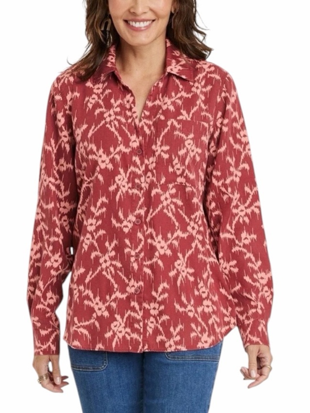 Knox Rose Boho Lyocell Button Front Blouse Long Sleeve Relaxed Fit Size Large